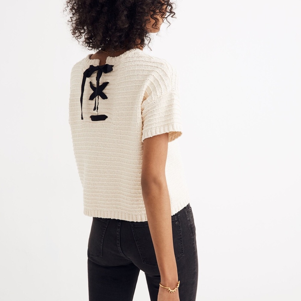 Madewell Cream Knit Crop Top with Black Bow